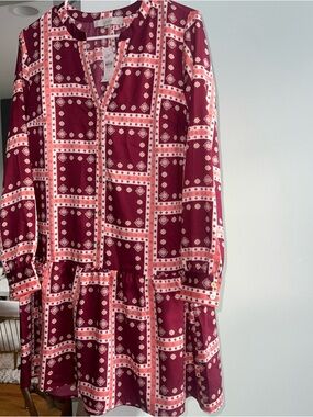 Loft Womens Long Sleeve Geometric Border Flounce Shirt Dress Size S